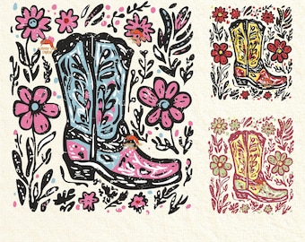 Boho cowgirl boot and flowers Png bundle, Retro flower Png, Retro western Png, boho western Png, floral png, boho floral Png, Commercial Use