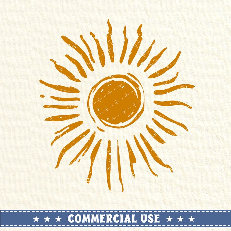 May include: A simple, hand-drawn illustration of a sun with a distressed, vintage look. The sun is a solid orange color with a textured, rough appearance. The rays of the sun are long and thin, and they extend out from the center of the sun in a radial pattern.
