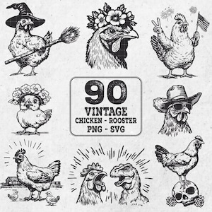 Huhn geschnitten Datei - Bundle, Huhn geschnitten Datei - Hahn Vintage Vektor-Illustration - Sofortiger Download!