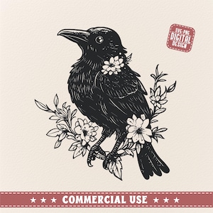 Raven with flowers Svg Png, Raven clip art, floral Crow Svg, Raven svg, crow svg, crow silhouette, raven png, Bird Svg, Crow, Dark Crow Svg
