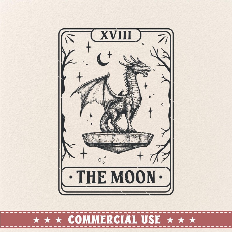May include: Black and white illustration of the The Moon tarot card featuring a dragon on a pedestal with a crescent moon and stars in the background. The card number XVIII is at the top.