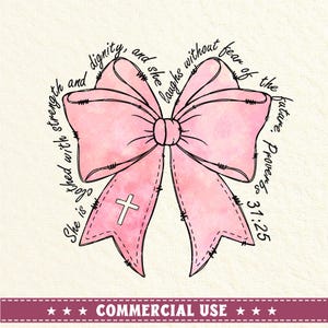Könnte beinhalten: Eine rosa Aquarell Schleife mit einem Kreuz in der Mitte und dem Text "Sie ist bekleidet mit Stärke und Würde, und sie lacht ohne Furcht vor der Zukunft. Sprichwörter 31:25".