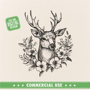 Floral herten SVG PNG-ontwerp, Floral herten Svg, vintage dieren svg, herten hoofd svg, Floral herten hand tekenen, herten met bloem svg, herten clipart