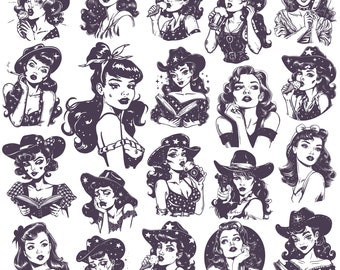 Vintage Woman Bundle Svg Png paquete, Vaquera svg, bonita chica pin up, Retro Housewife Clipart, Fashion Girl svg, Diseño svg de moda