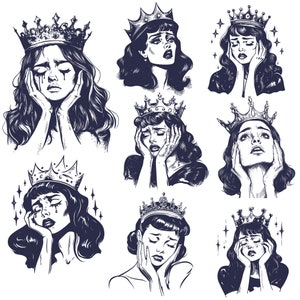 Mulher triste vintage Svg Png pacote, Mulher chorando retrô Svg, Mulher chorando vintage Svg, Coroa de mulher Svg, Rainha do drama Svg, Coroa de menina Svg