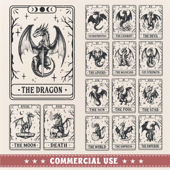 Dragon Tarot Card SVG PNG bundle, Dragon Svg, Flying Dragon svg, Mystical svg, Celestial svg, Tarot card svg, Dragon Tattoo, Png, Clipart
