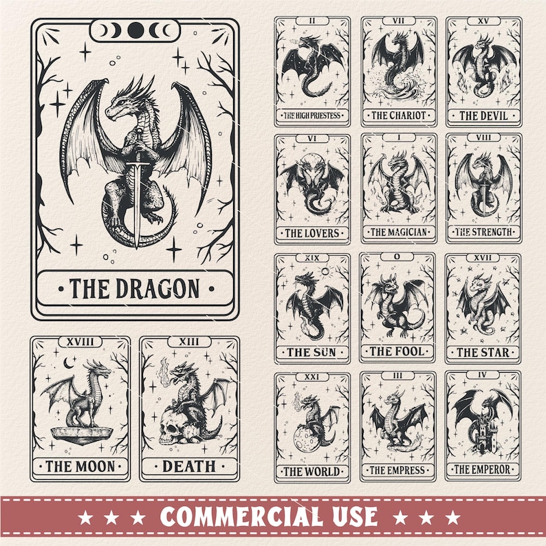 May include: A set of 14 tarot cards featuring black and white illustrations of dragons with various poses and backgrounds. The cards are labeled with Roman numerals and the names of the tarot cards, such as "The Dragon", "The Chariot", and "The Empress".