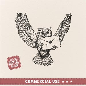 May include: A black and white line drawing of an owl carrying a letter in its talons. The owl is flying with its wings spread out. The letter is a simple envelope with a wax seal.