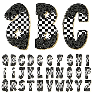 Pode incluir: Um alfabeto completo de letras maiúsculas e minúsculas. Cada letra apresenta um design único, combinando um padrão xadrez preto e branco com uma estampa de leopardo cinza. Glitter dourado contorna as letras e inclui estrelas brancas.