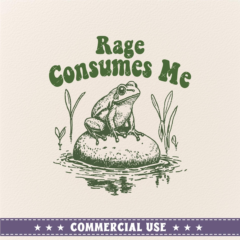 May include: Green frog sitting on a rock in a pond with the text "Rage Consumes Me" above it.