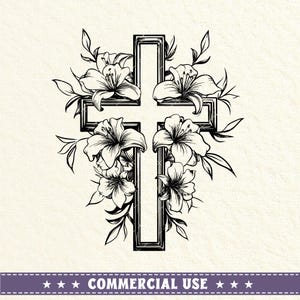 Cruz e lírios brancos florescendo SVG PNG, Cruz de madeira com lírios brancos Arquivo Svg para Cricut, Design de sublimação Png, Religioso cristão
