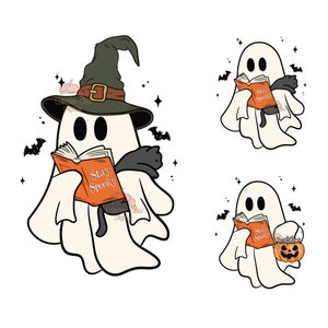 May include: A collection of Halloween-themed illustrations featuring friendly ghosts. One ghost wears a witch hat and reads a book with "Stay Spooky" on the cover. Other ghosts read the same book, and one holds a pumpkin.