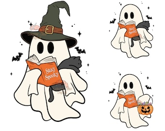 Cute Ghost Reading Book Png, Halloween Ghost Png, Ghost Png, Stay Spooky Png, Trending halloween png, Black cat png, Spooky Season Png