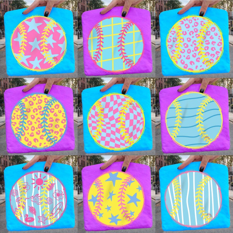 May include: A collection of tote bags in various designs. Each bag features a circular graphic resembling a baseball, with patterns like stars, leopard print, and checkered designs. The bags have a blue or purple background and are held by a hand.