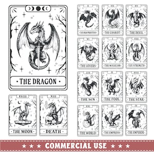 May include: A set of 14 tarot cards featuring black and white illustrations of dragons. Each card has a title and a number. The cards are arranged in a grid pattern. The cards are part of a tarot deck.