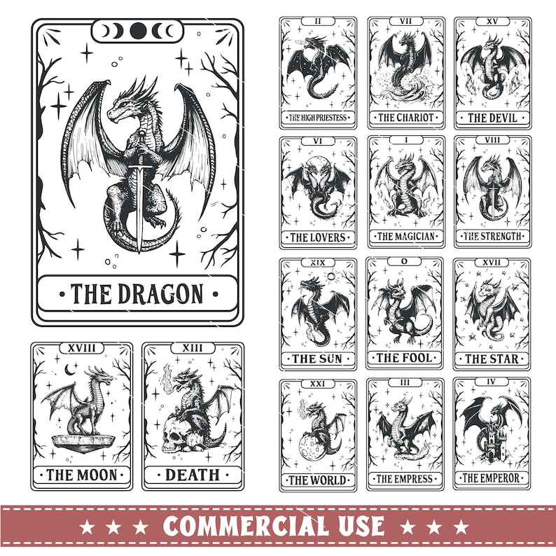 May include: A set of 14 tarot cards featuring black and white illustrations of dragons. Each card has a title and a number. The cards are arranged in a grid pattern. The cards are part of a tarot deck.