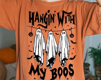 Funny Hanging Ghosts Halloween PNG, Hangin’ With My Boos Shirt Design, Cute Pumpkin Bat Digital Download, Trendy Halloween Cute Ghosts Png