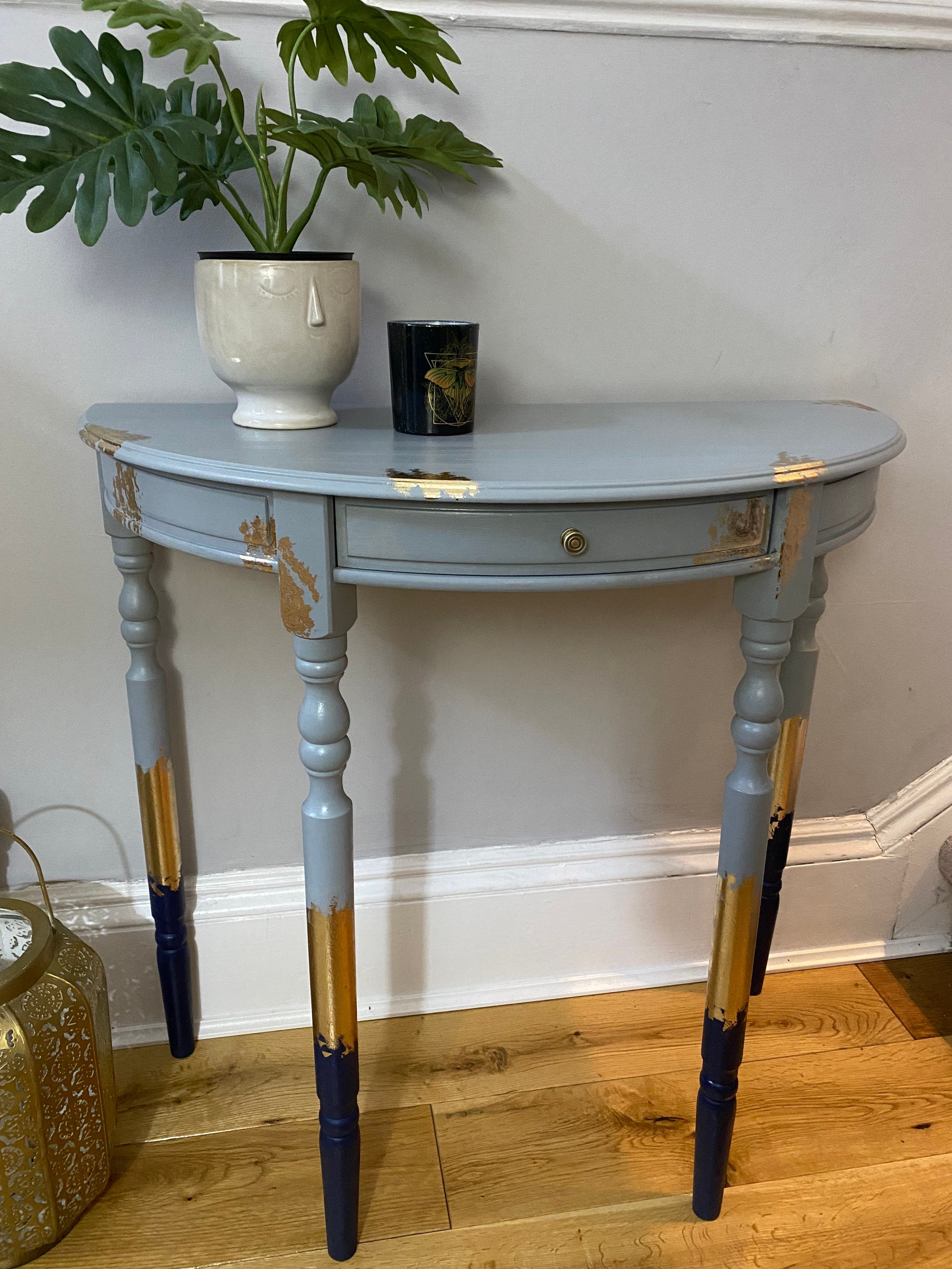 SOLD SAMPLE Upcycled Eclectic half moon table with gold leaf Etsy