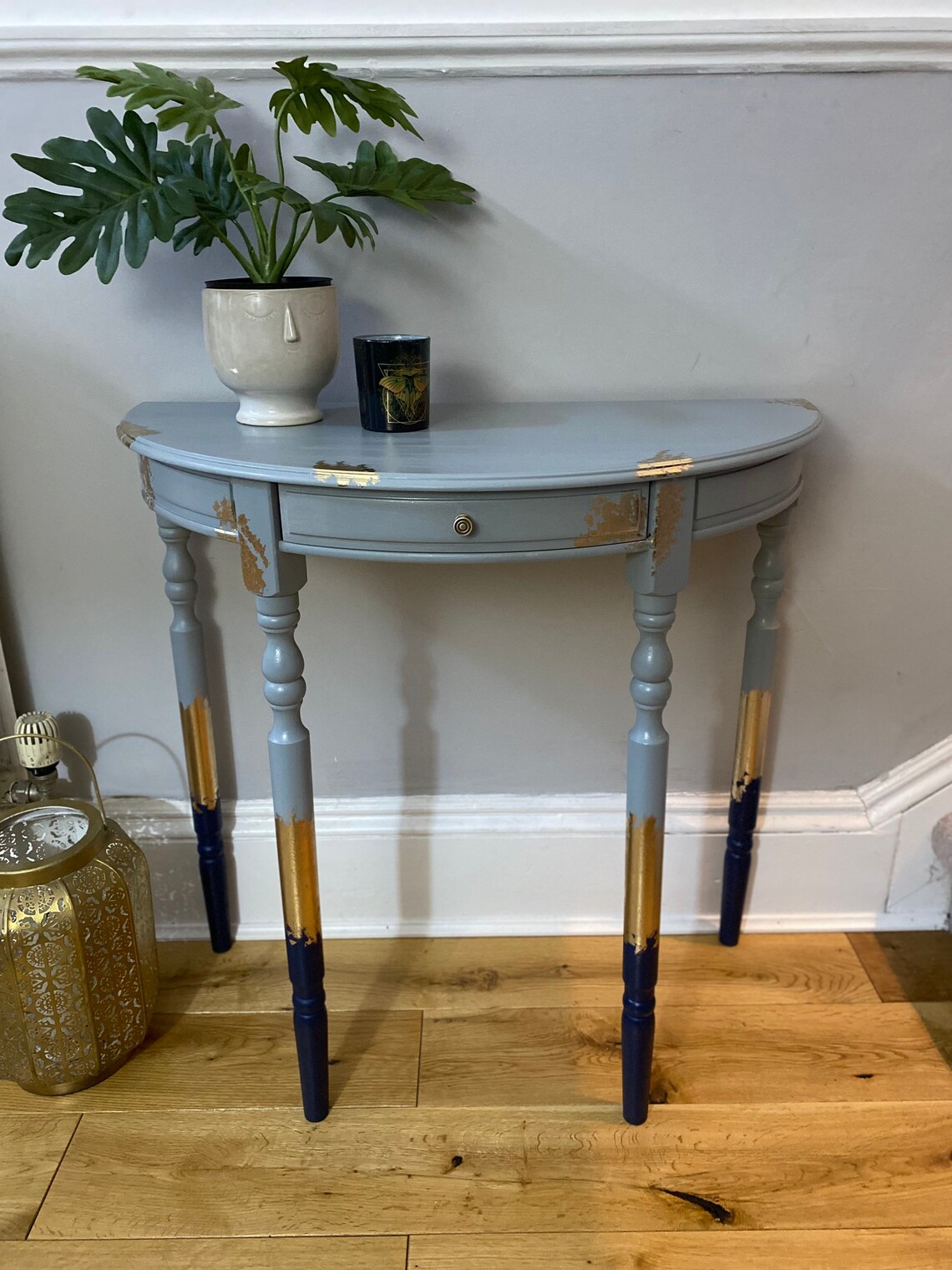 SOLD SAMPLE Upcycled Eclectic half moon table with gold leaf Etsy
