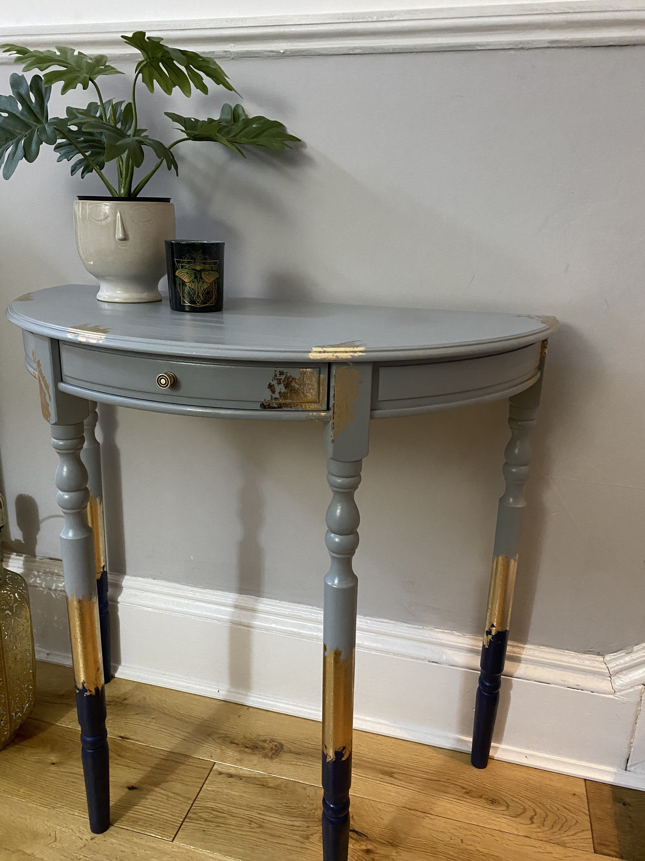 SOLD SAMPLE Upcycled Eclectic half moon table with gold leaf Etsy