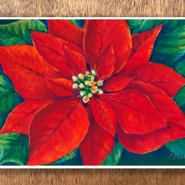 Poinsettia Card, Bright Red Christmas Card from Original Pastel Painting, 5x7 Folded Card, Blank Inside, Premium Ink, Paper, Hostess Card