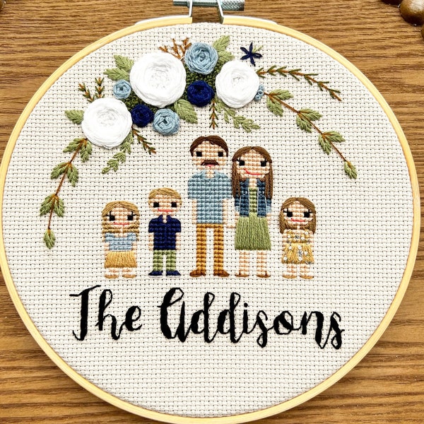 Custom family cross stitch portrait, engagement present, anniversary present, unique gift for Mother’s Day, personalized birthday gift idea