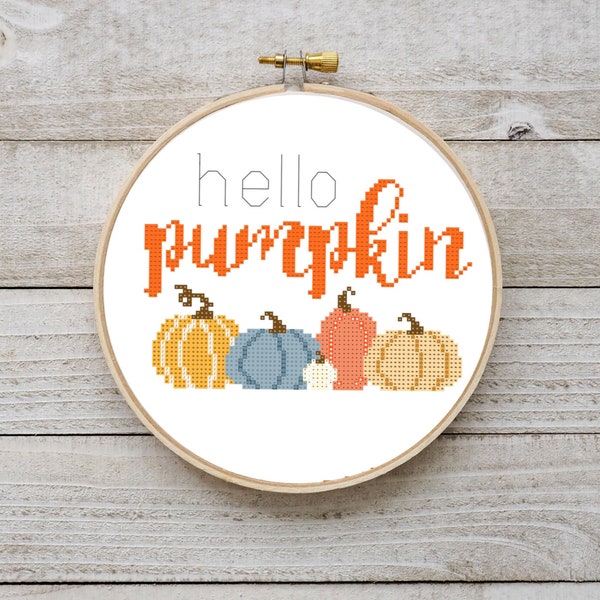 Hello pumpkin cross stitch pattern, fall pumpkin cross stitch pattern