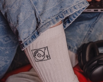 1x sock record player, hand embroidered tennis socks