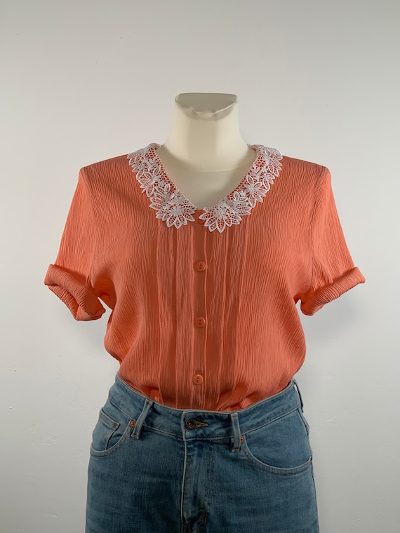 80s vintage top with lace collar salmon pink