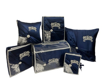 Quinceanera set#1010, 5 custom pieces in Spanish (Mis Quince Años) kneeling Pillow, Tiara Pillow, Photo Album, Guest Book, Spanish Bible.