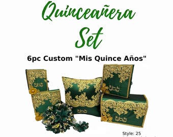 Quinceanera 6-Piece Satin Pillow Set, Lace Embroidery, Green and Gold