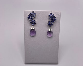 Natural Tanzanite Pear Flower and Amethyst Briolette Women’s Silver Earring