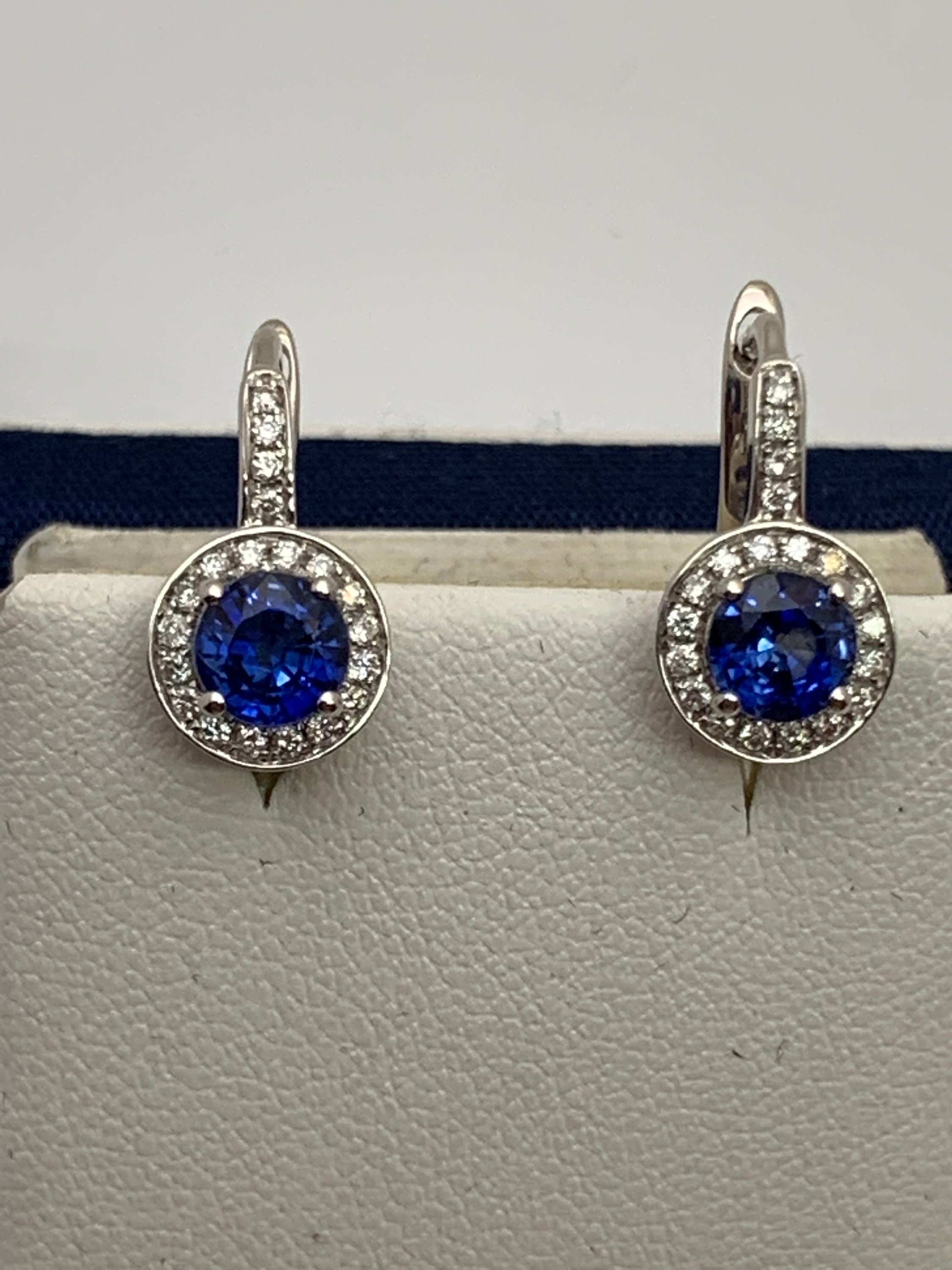 Blue Sapphire With Diamonds Earrings in 18K White Gold Etsy UK