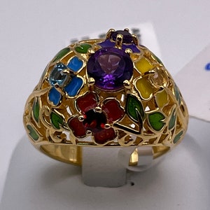 Silver Multi Gemstone Floral Ring in 18K Yellow Vermeil