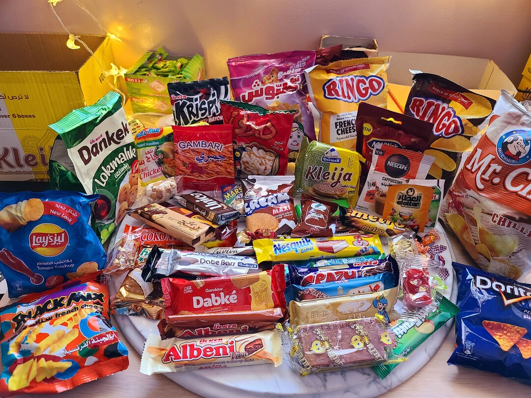 Middle Eastern Snack Box 30-60 pcs, Halal Snacks, Arabic & Turkish Treats: Saudi, Jordan, Palestine, Turkey, Iraq, Lebanon, Christmas Gift