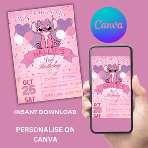 Convite de aniversário infantil editável Stitch Canva Digital Download Modelo de cartão de aniversário