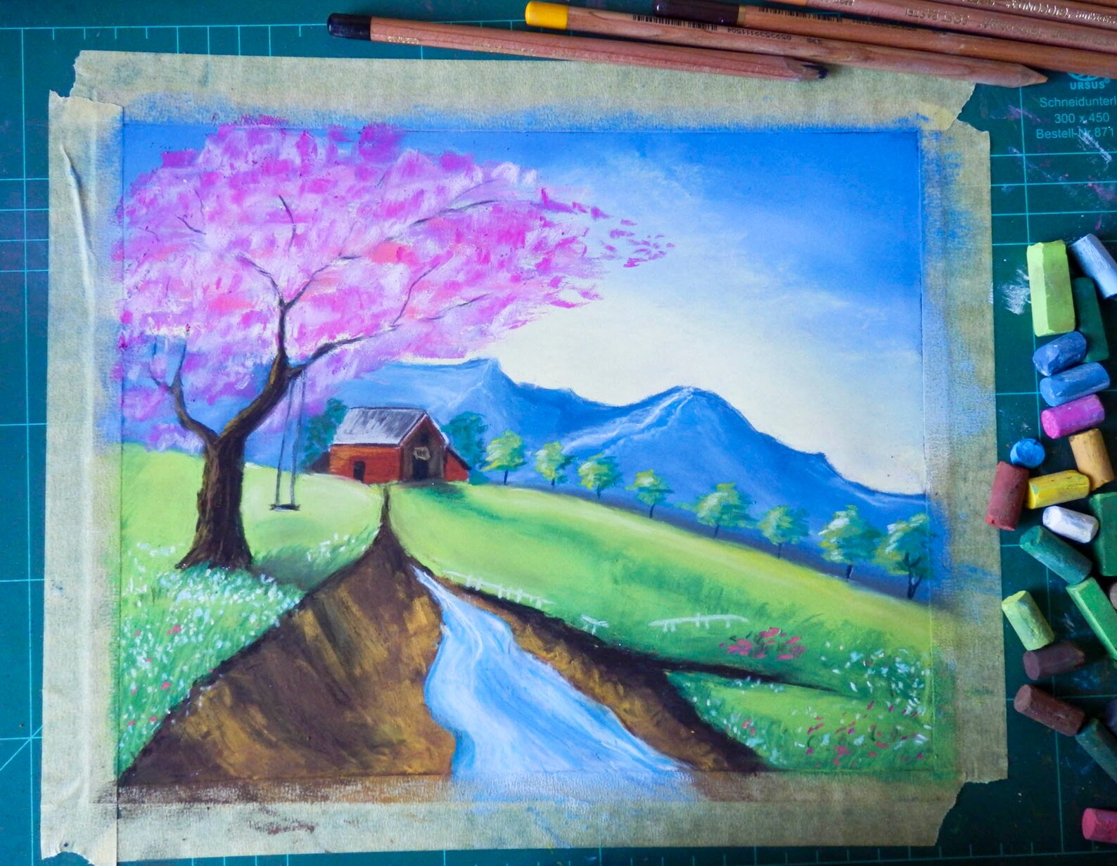 Cherry blossom tree Landscape Painting Original Art Pastel Etsy