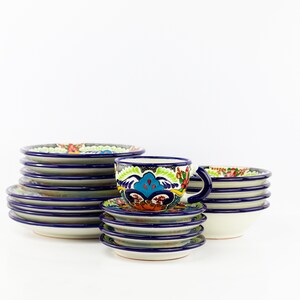 Talavera Dinnerware set of 4 , Mexican Pottery, Hand Painted, Dinner Plates, Handmade, Patio Dishes, Coffee Cups and Saucers.