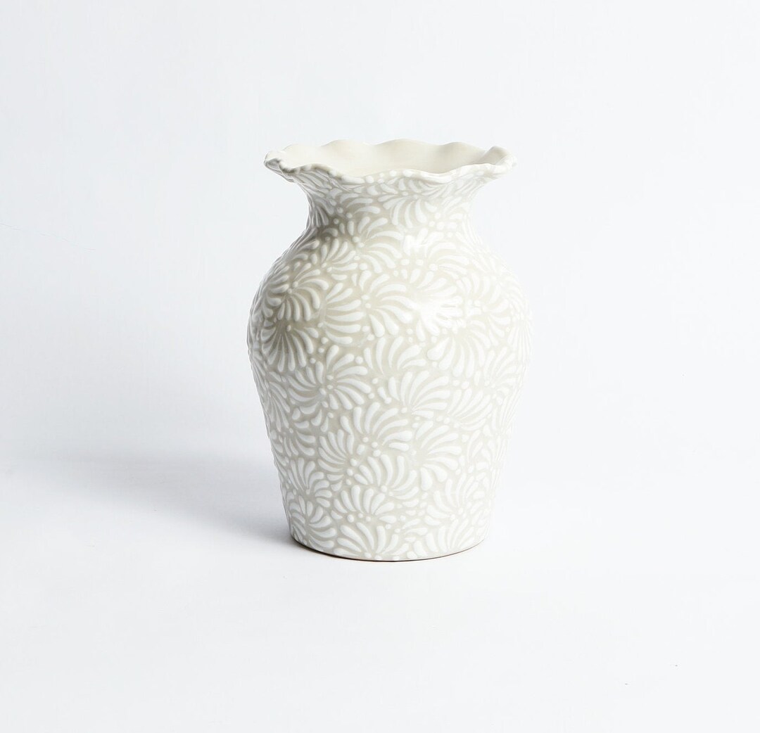 Talavera White Flower Vase , Handmade Vase, Hand Painted Pottery