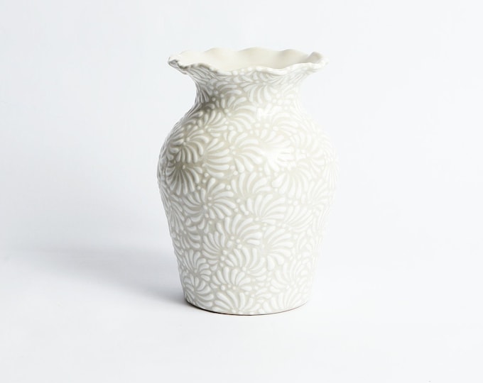 Talavera White Flower Vase , Handmade Vase, Hand Painted Pottery