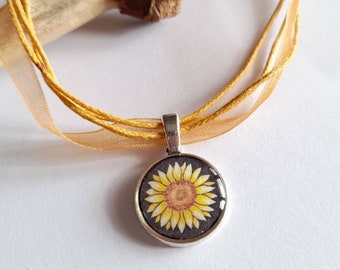 Hand Painted Sunflower Pendant Necklace: Ribbon & Cord Jewellery