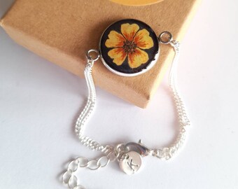 Pulsera de caléndula pintada a mano personalizada, joyería de caléndula, pulsera floral, regalo para mamá, regalo de cumpleaños para ella, regalo inicial