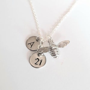 Silver Bee Charm Necklace: Personalised Initial Disc, Birthday Jewellery