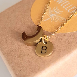Personalised Gold Crescent Moon Charm Necklace, Delicate Moon Charm, Dainty Jewellery, Initial Disc, Gift For Her, Cute Birthday Gift