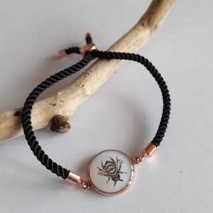 Hand Painted Bee Bracelet: Black Cord, Adjustable Resin Jewelry
