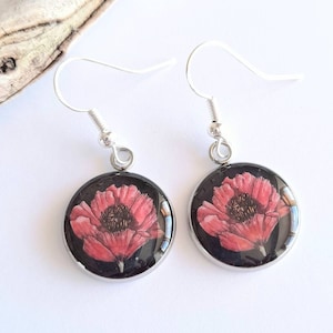 Hand Painted Poppy Drop Earrings: Sterling Silver Floral Jewelry