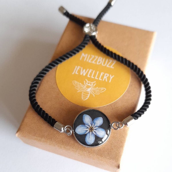 Hand Painted Forget Me Not Black Cord Bracelet, Flower Bracelet, Forget Me Not Gift, Flower Jewellery, Birthday Gift, Adjustable Bracelet