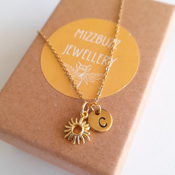 Personalised Gold Plated Sun Charm Necklace, Delicate Sun Charm, Dainty Sun Jewellery, Initial Disc, Gift For Her, Birthday Gift, Sun Gift