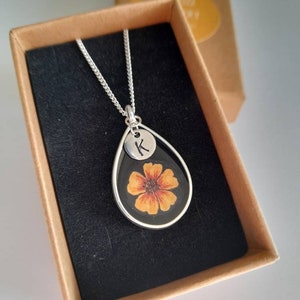 Personalised Hand Painted Marigold Resin Pendant on Silver Chain, Marigold Gift for Her, Mothers Day Gift, Gift for Mum, Flower Pendant