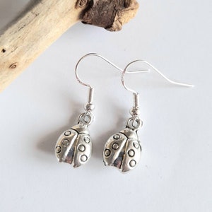 May include: A pair of silver ladybug earrings. Each earring has a detailed ladybug charm with six circular spots. The earrings hang from simple, curved ear wires. The background is a light, neutral colour.